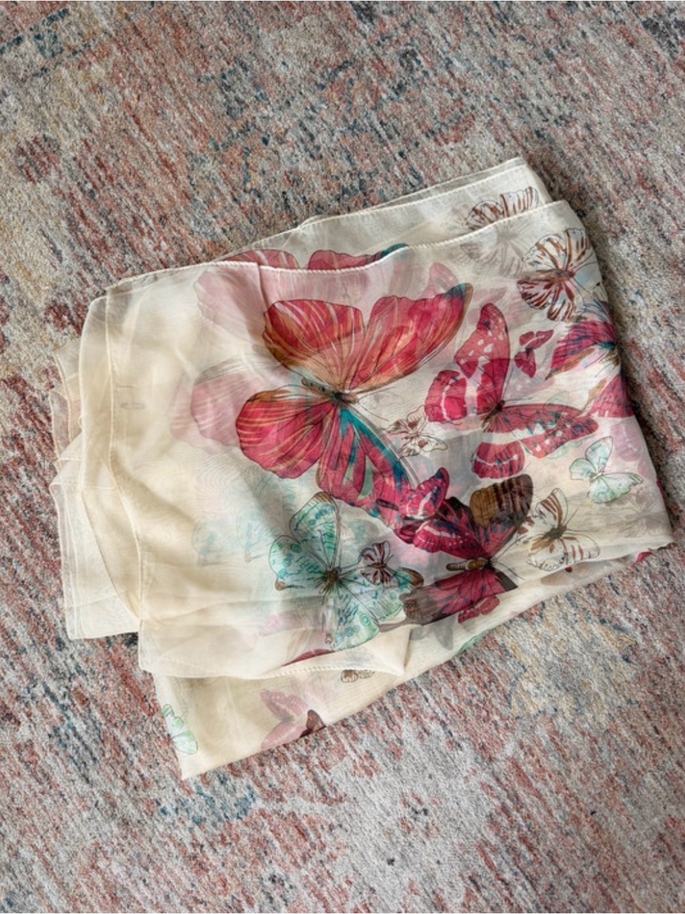 Oversized Sheer Butterfly Print Scarf Lightweight Large Shawl Wrap Cream Pink